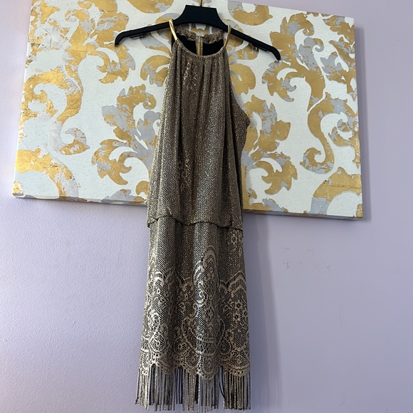 S.L. Fashions Size 12 Gold Chain Neck Blouson Fringe Dress EXCELLENT CONDITION - Picture 11 of 11